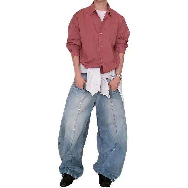 如续 美式复古重磅水洗做旧弯刀长裤宽松直筒阔腿拖地设计感百搭牛仔裤 男女同款