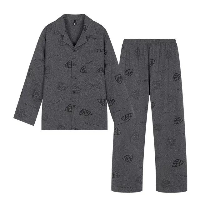 宫蝶 长袖爽肤棉开衫满印休闲家居服复古风大码可外穿睡衣套装 男款
