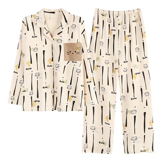 帕兰朵 春秋长袖长裤休闲开衫简约甜美家居服薄款可外穿纯棉女士睡衣套装 女款