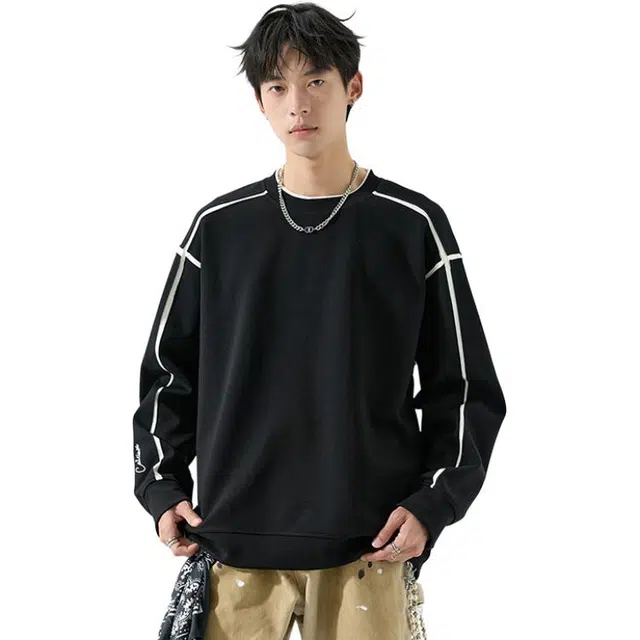 协协乐 美式重磅拼接氛围感条纹纯色套头圆领痞帅设计小众款卫衣 男款