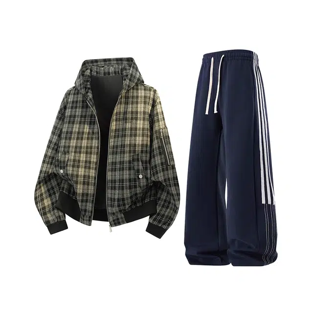 素杭 学院风复古连帽格纹夹克外套搭配松紧腰条纹阔腿裤两件套潮牌穿搭一整套休闲运动套装 男女同款