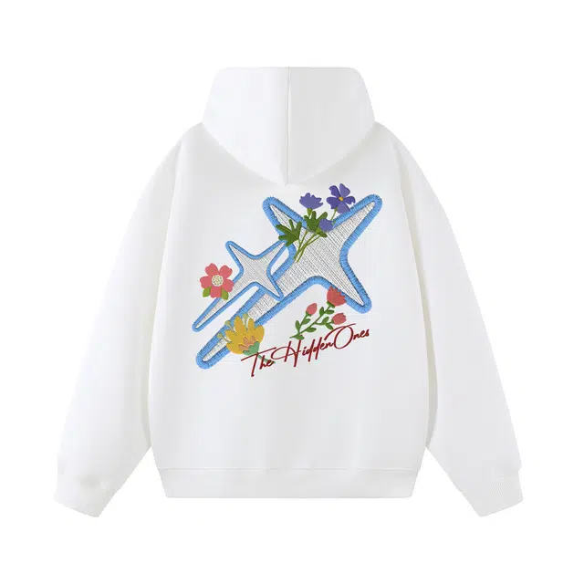 一人之下 美式高街仿刺绣植物花卉十字星印花图案休闲宽松舒适百搭精选个性高级户外运动日常通勤潮流时尚长袖连帽卫衣 男女同款