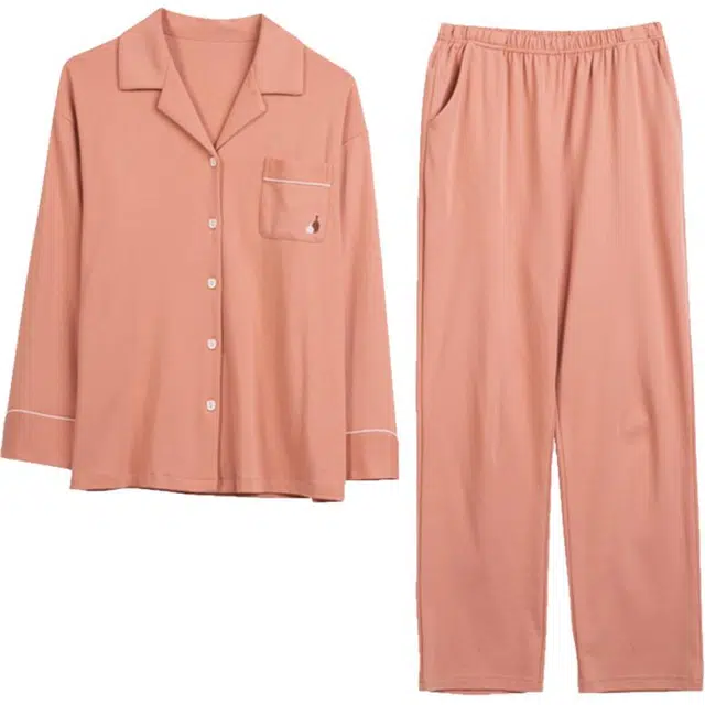 浮光岛屿 简约纯色精致口袋翻领高级感长袖长裤家居服舒适亲肤透气可外穿宽松休闲睡衣套装 女款 礼盒装 桔红色