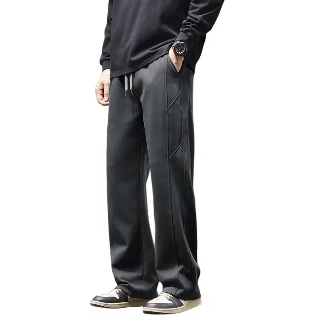 潮人榜 美式复古重磅拼接针织卫裤男款宽松垂感直筒阔腿运动工装休闲裤 男女同款