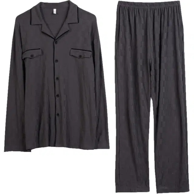 浮光岛屿 简约超柔软提花翻领高级感长袖长裤家居服舒适亲肤透气可外穿宽松休闲睡衣套装 男款 礼盒装 深灰色