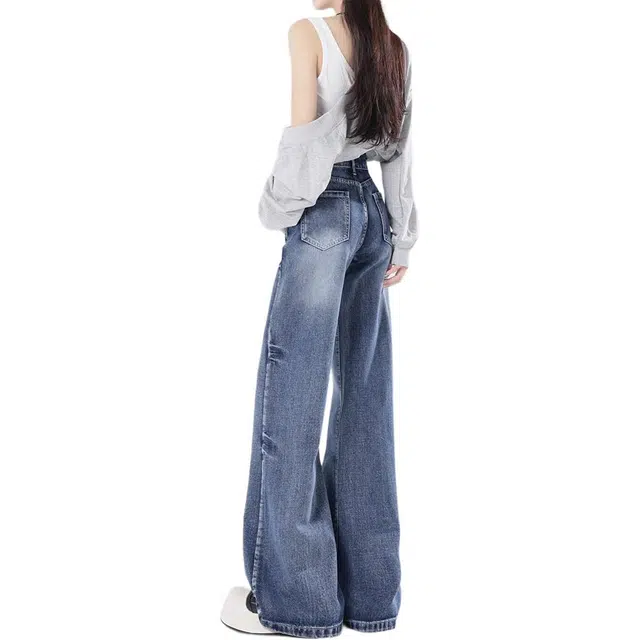 么宁 复古蓝不贴腿微喇叭裤宽松阔腿不贴腿垂感长裤子直筒百搭折痕设计感牛仔裤 女款