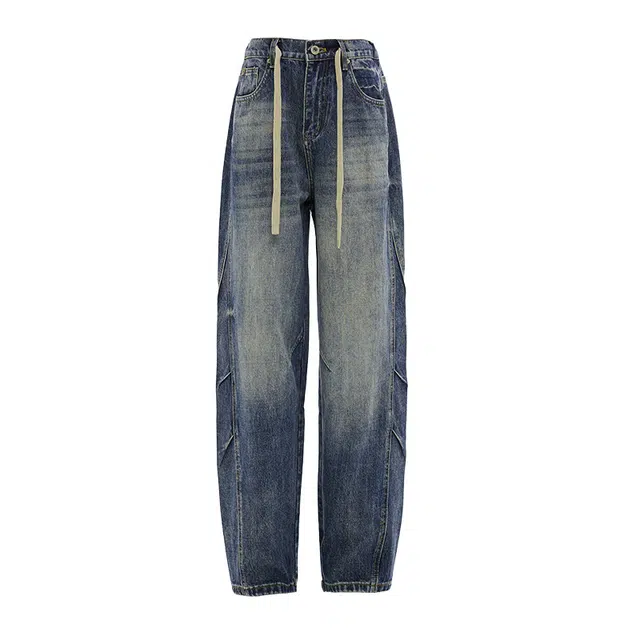 如续 美式做旧褶皱设计抽绳舒适宽松显瘦直筒牛仔裤 男女同款