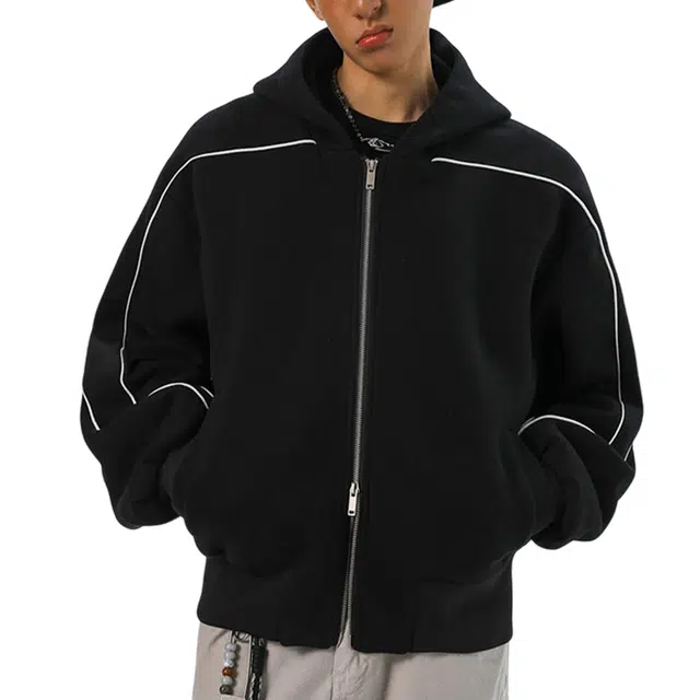 冈哉 线条拼接纯色连帽开衫设计美式复古潮牌重磅高级感日常通勤舒适帅气卫衣外套 男女同款