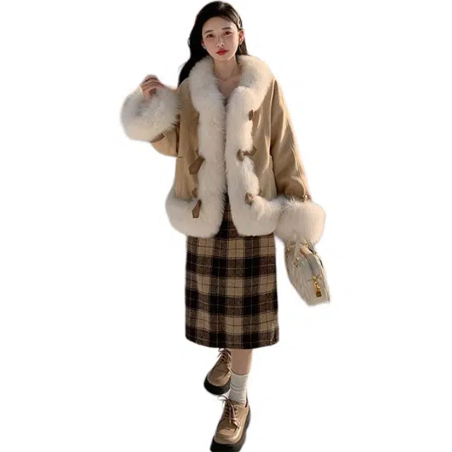 邓大喵 麂皮绒狐狸毛环保外套女新中式秋冬季保暖显瘦网红小香风皮草 女款