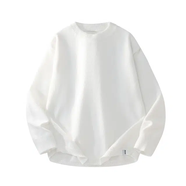 暴走的萝莉 美式复古潮流简约基础款纯色品牌车标设计休闲宽松日常通勤长袖落肩圆领毛衣 男女同款