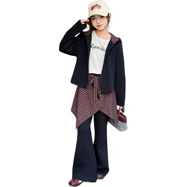 帕兰朵休闲运动套装 儿童喇叭裤秋季洋气时尚早秋女大童格子拼接三件 青少年