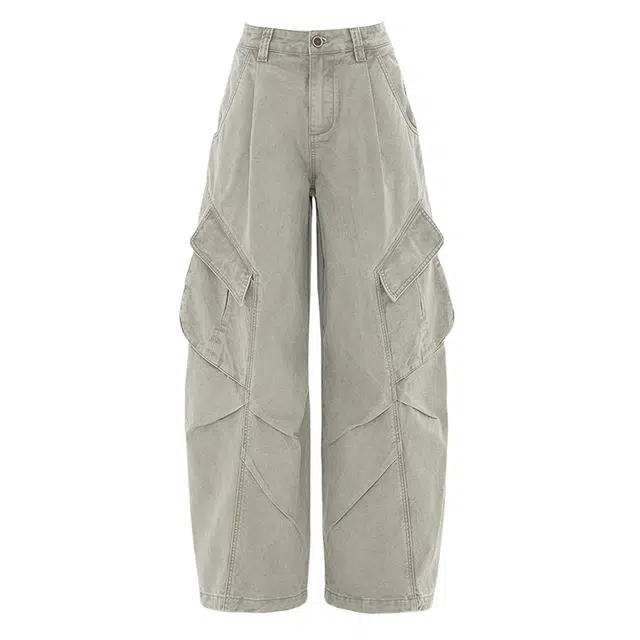 如续 宽松大口袋工装裤阔腿弯刀裤舒适拖地复古褶皱牛仔裤 男女同款