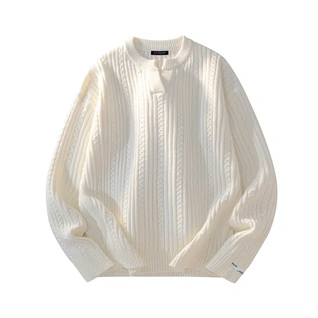 暴走的萝莉 美式潮流复古老钱风简约基础款纯色竖纹品牌车标设计休闲宽松日常通勤长袖海鸥领毛衣 男女同款