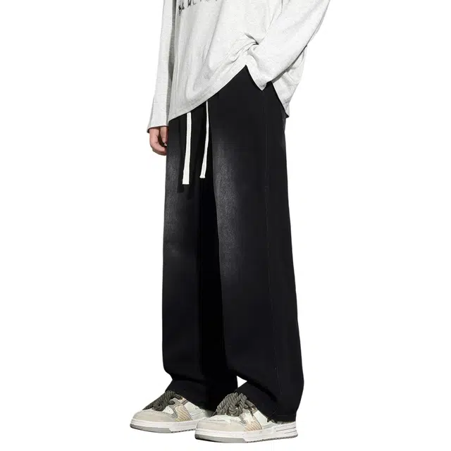 顶峰保罗 复古水洗做旧休闲长裤无性别主义痞帅高街宽松阔腿裤抽绳简约百搭潮牌拖地垂感牛仔裤 男女同款