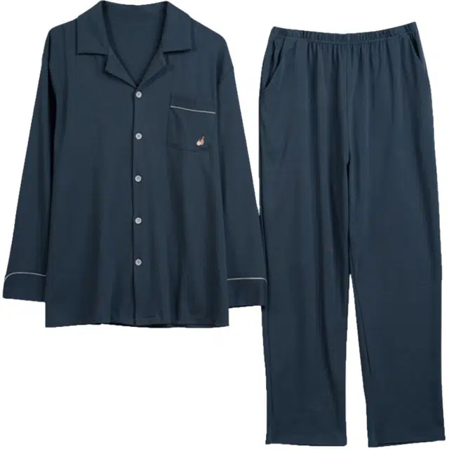 浮光岛屿 简约超柔软翻领高级感长袖长裤舒适亲肤透气可外穿休闲睡衣套装 男款 礼盒款 藏青色