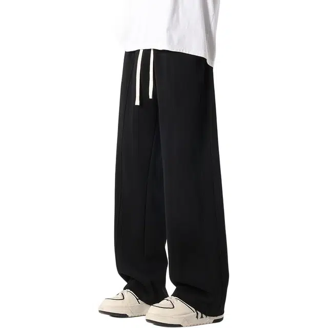 华夏儿女 美式高级基础款纯色简约松紧系带潮流长裤宽松舒适百搭阔腿拖地透气直筒日常通勤卫裤休闲裤 男款