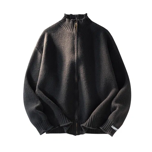 暴走的萝莉 美式潮流复古简约基础款纯色品牌车标气孔设计休闲宽松日常通勤长袖立领开衫毛衣 男女同款