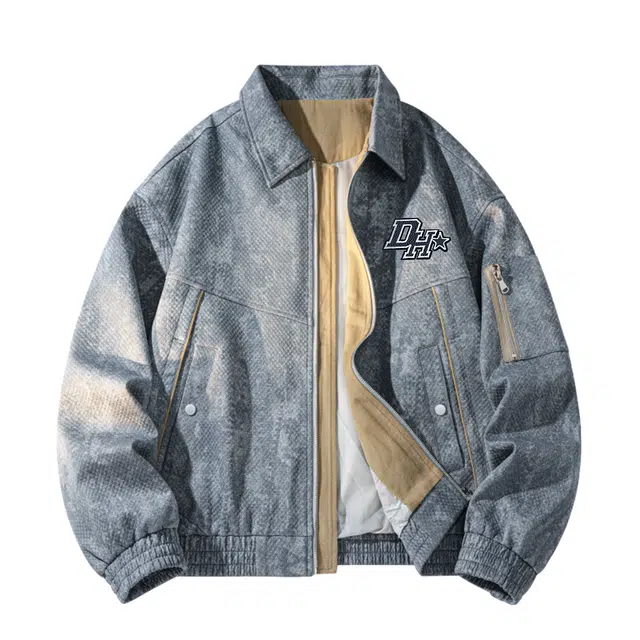 敦煌博物馆 美式复古翻领扎染提花字母万针刺绣仿牛仔工装外套无性别主义宽松大码休闲户外通勤防风舒适百搭夹克 男女同款