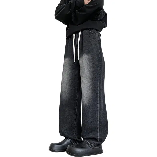 棉基因 美式高街复古磨白水洗做旧废土风宽松中腰直筒垂感舒适百搭牛仔裤 男女同款