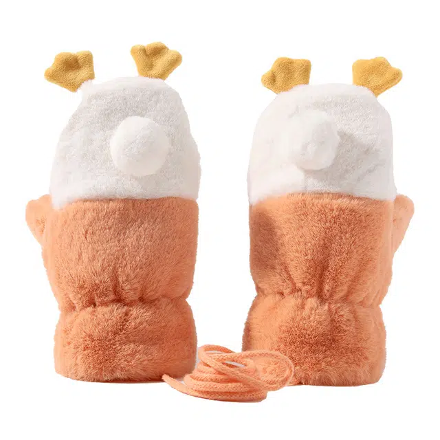 俞兆林 可爱毛绒冬季防风保暖防寒男女童挂脖连指加绒厚御寒防冻手 加厚 绒线手套 儿童款