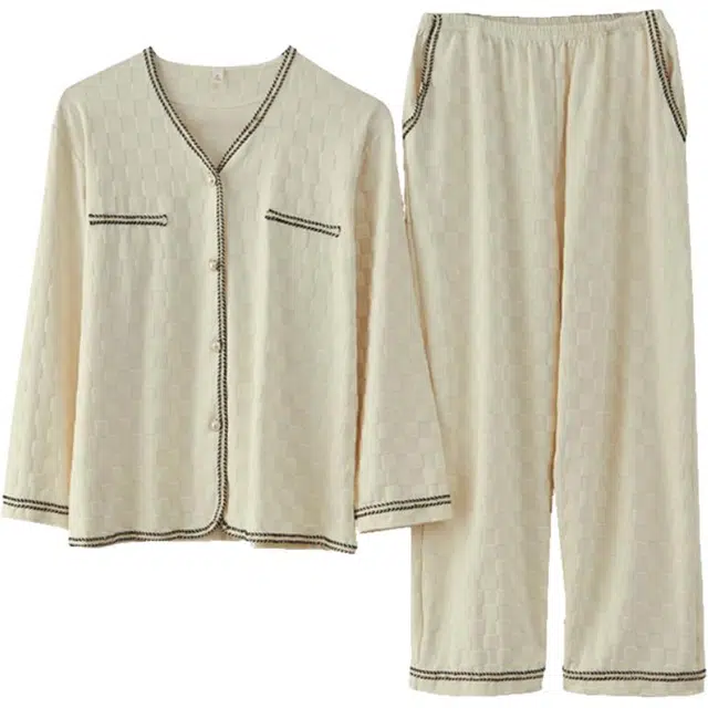 浮光岛屿 简约纯色时尚可爱高级感长袖长裤家居服舒适亲肤透气可外穿睡衣套装 女款 礼盒装 米白色