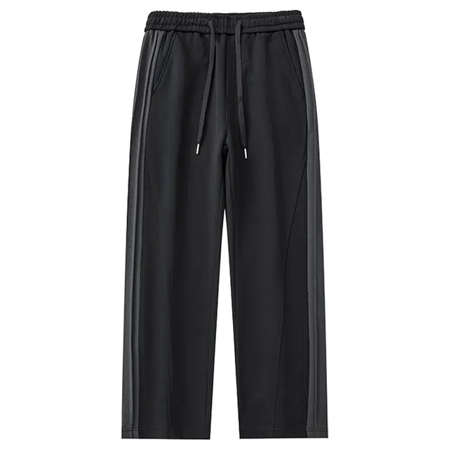 米素力 宽松抽绳松紧腰条纹中腰长裤休闲裤 男女同款