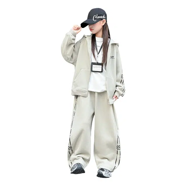 帕兰朵休闲运动套装 女童秋冬季儿童加绒加厚卫衣外套女孩阔腿裤两件套潮 青少年