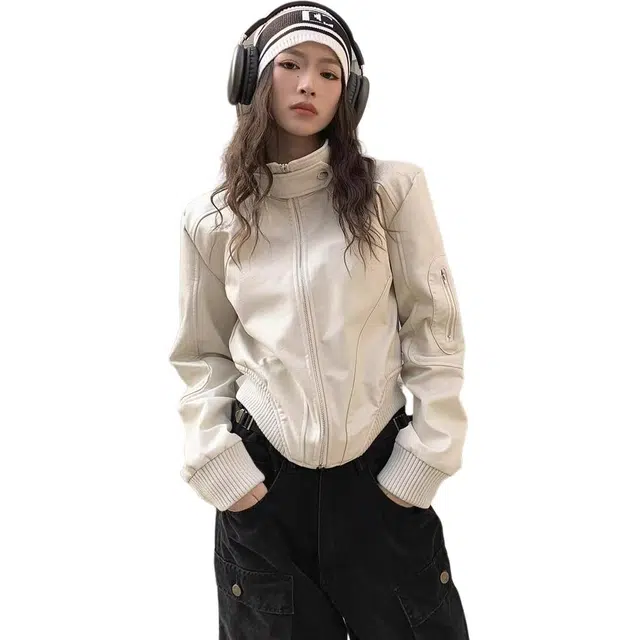 思蓓儿 美式复古短外套女秋季宽松百搭设计感小众机车皮夹克皮衣 女款