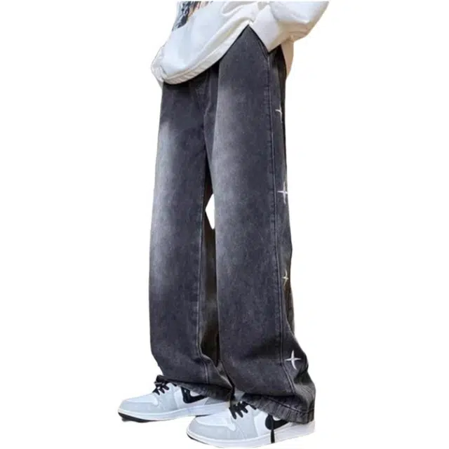 大格子与黑猫 美式复古潮牌星星直筒刺绣春秋宽松裤子牛仔裤 男款