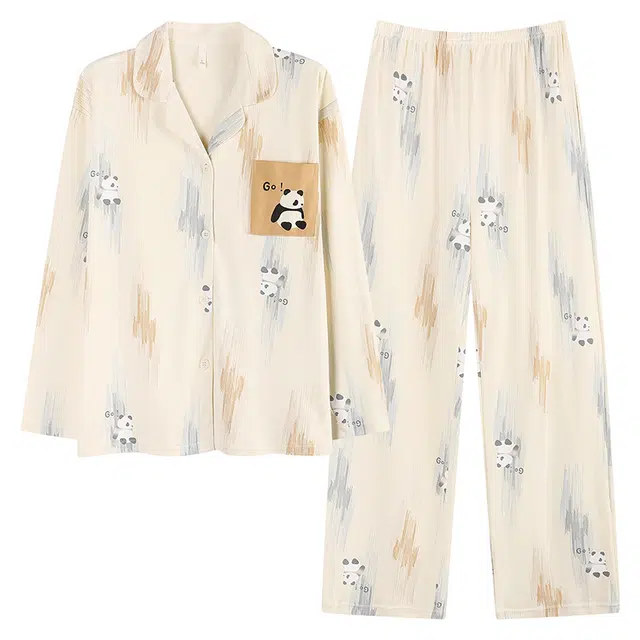 帕兰朵 纯棉女士春秋长袖长裤休闲开衫简约甜美家居服薄款可外穿女睡衣套装 女款