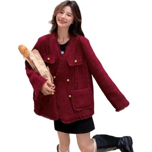 稻草人 法式复古小香风百搭时尚毛边秋冬外套 女款