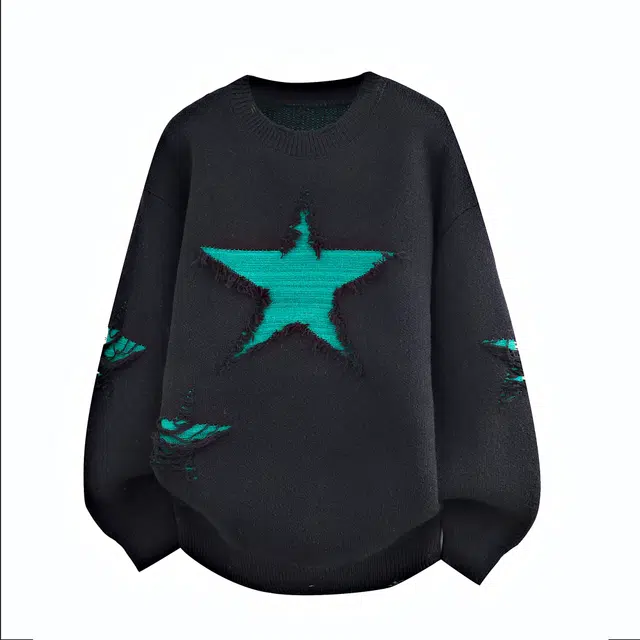 马员外 美式高街复古休闲星星毛边撞色圆领慵懒风长袖舒适重磅落肩保暖套头日常通勤简约无性别主义针织衫 男女同款