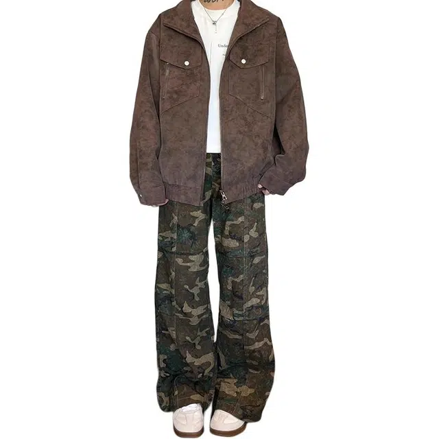 如续 美式复古水洗褶皱设计感长裤潮流宽松直筒微喇阔腿伞兵工装裤 男女同款