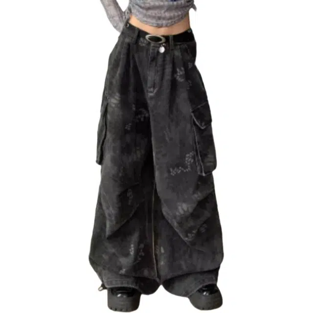 大格子与黑猫 大格子与黑猫美式高街口袋高腰复古迷彩蛇纹牛仔裤宽松直筒阔腿裤工装裤 男女同款