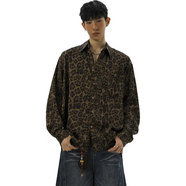 左岸 美式复古豹纹长袖上衣春秋季宽松休闲慵懒风小外套个性设计感衬衫 男女同款