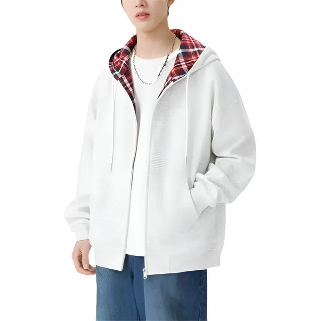 左岸 格子拼接纯色百搭时尚宽松休闲学院风经典美式开衫复古连帽保暖长袖外套卫衣 男女同款