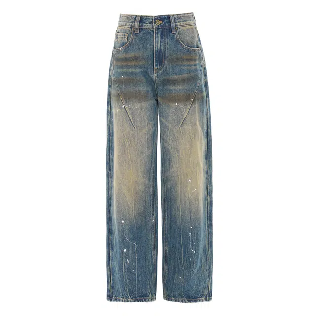 如续 美式做旧图案设计纽扣宽松褶皱斑点拖地牛仔裤 男女同款