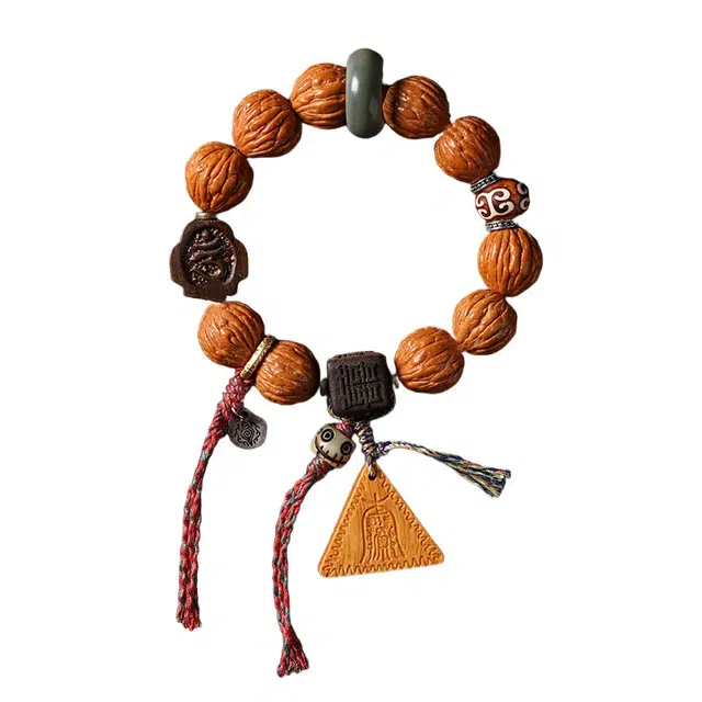 子婳 新中式复古民族风野生凤羽木质藏式流苏平安符文玩盘玩佛珠精致时尚潮流手饰#好运 猴头核桃 手串 男款