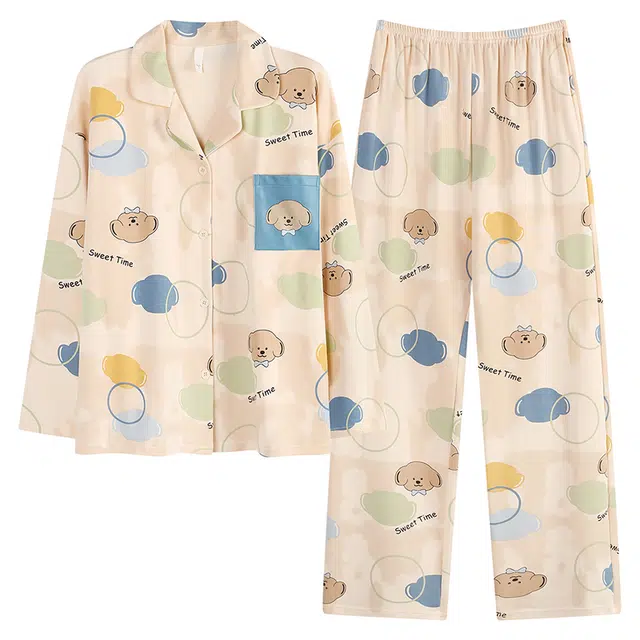 帕兰朵 纯棉春秋长袖长裤休闲开衫简约甜美家居服薄款可外穿女士睡衣套装 女款