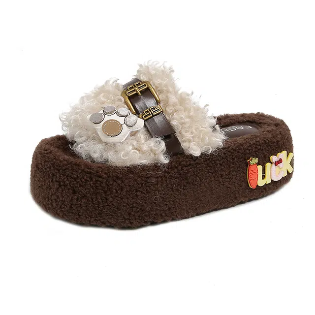 拾伍象 可爱时尚百搭松糕厚底增高毛毛秋冬小个子毛茸茸棉拖一字拖鞋 女