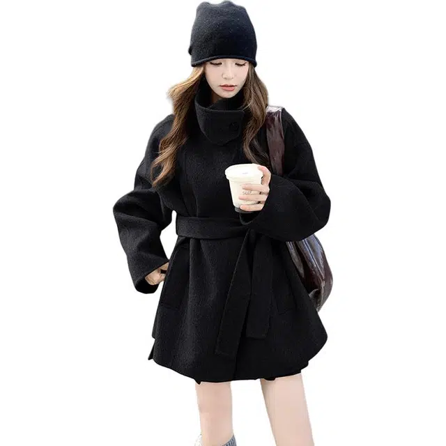 稻草人 时尚优雅经典保暖舒适韩式风系腰带羊毛羊绒大衣 女款