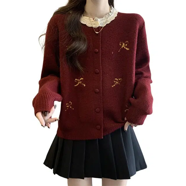 缪斯的诱惑 韩版慵懒风蝴蝶结亮片圆领蕾丝边外套针织衫 女款