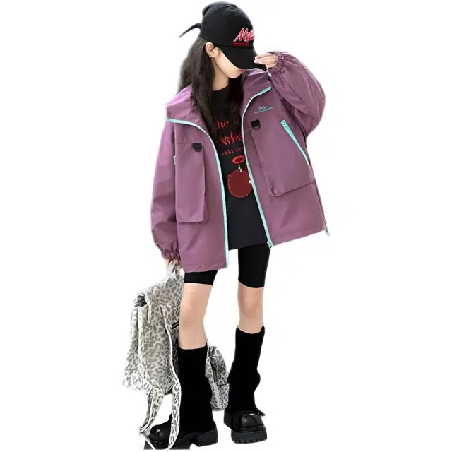 木木兔夹克 潮流时尚女童秋季外套 学生百搭休闲 工装风 户外防风 宽松连帽 中大童初中生 女孩时髦洋气 青少年