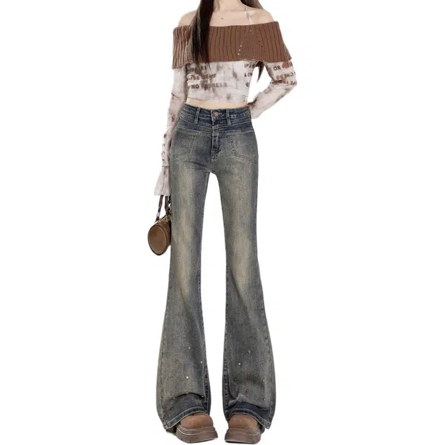 么宁 美式复古做旧铆钉设计感重洗水微喇叭超长拖地裤百搭时尚辣妹风牛仔裤 女款