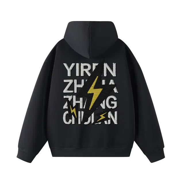 一人之下 美式休闲字母张楚岚闪电图标仿万针刺绣印花设计高街宽松舒适春秋款日常通勤连帽落肩长袖卫衣 男女同款