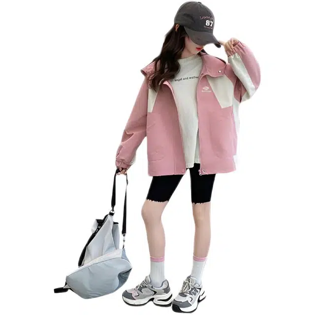 木木兔夹克 潮流时尚女童秋季外套 学生百搭休闲 美式字母大口袋宽松连帽 初中生 时髦女孩洋气 青少年