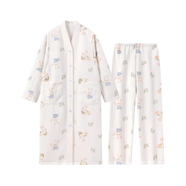 宫蝶 月子服保暖产后哺乳家居服长款夹层棉长袖带胸垫可调节腰围产妇睡衣套装 女款
