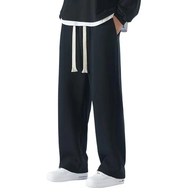 华夏儿女 基础款宽松直筒裤舒适亲肤柔软垂感户外出行日常通勤经典百搭抽绳卫裤高街无性别主义针织休闲裤 男款