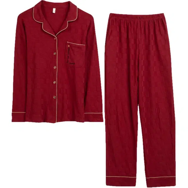 浮光岛屿 简约超柔软中国红翻领高级感长袖长裤家居服舒适亲肤透气可外穿宽松休闲睡衣套装 女款 礼盒款 红色