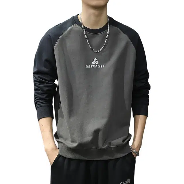 前进牛 秋季美式复古经典重磅极简风撞色插肩袖宽松大码潮流休闲户外百搭印花圆领卫衣 男款